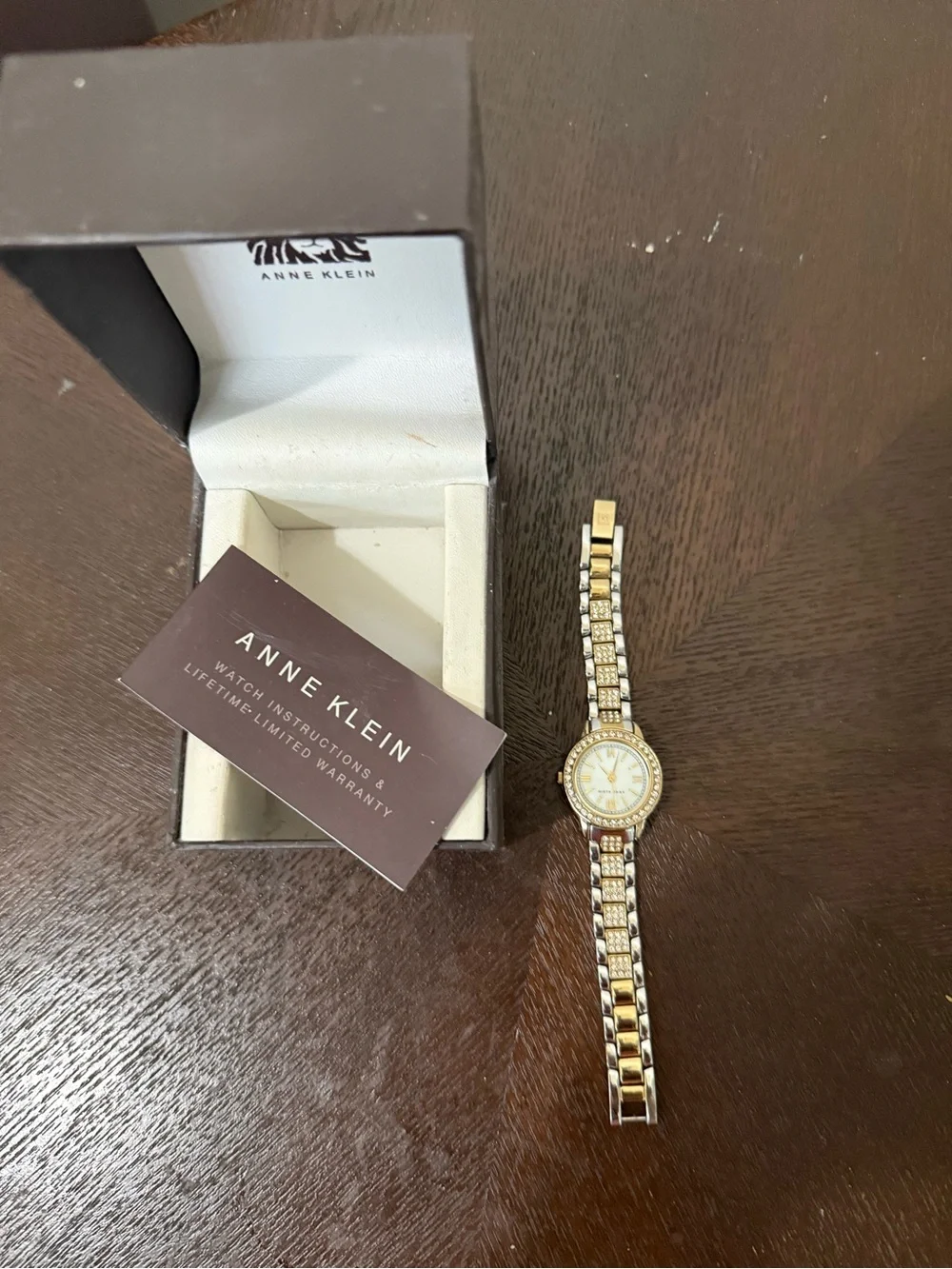 Anne Klein Two-Tone Gold and Silver Crystal-Trim Women's Bracelet Watch